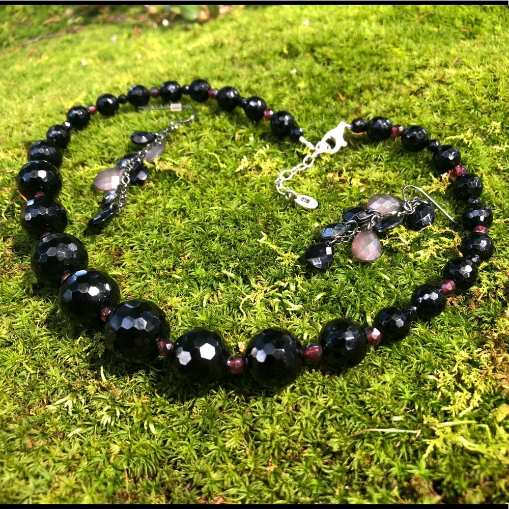 Barse Black Bead Necklace + Dangle Earrings